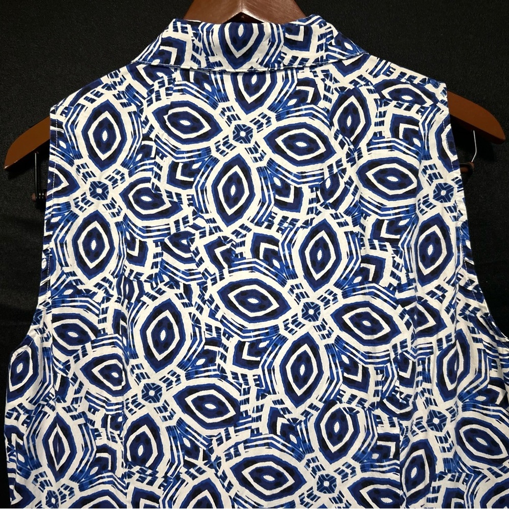 Vintage KSL Karin Stevens Sleeveless Button Down Geometric Blue Dress Size 16 - Picture 11 of 13